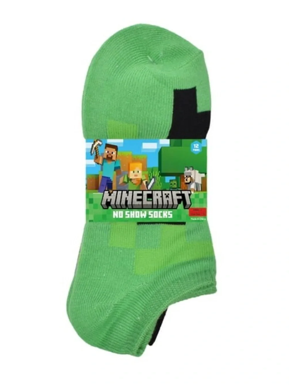 Boys No-Show Minecraf Socks - Green, Black, White, Gray (12-Pack)